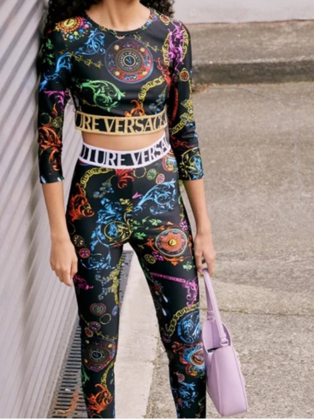 Versace Jeans Couture Black Baroque Print Jersey Leggings and top size 6 medium - Picture 2 of 16